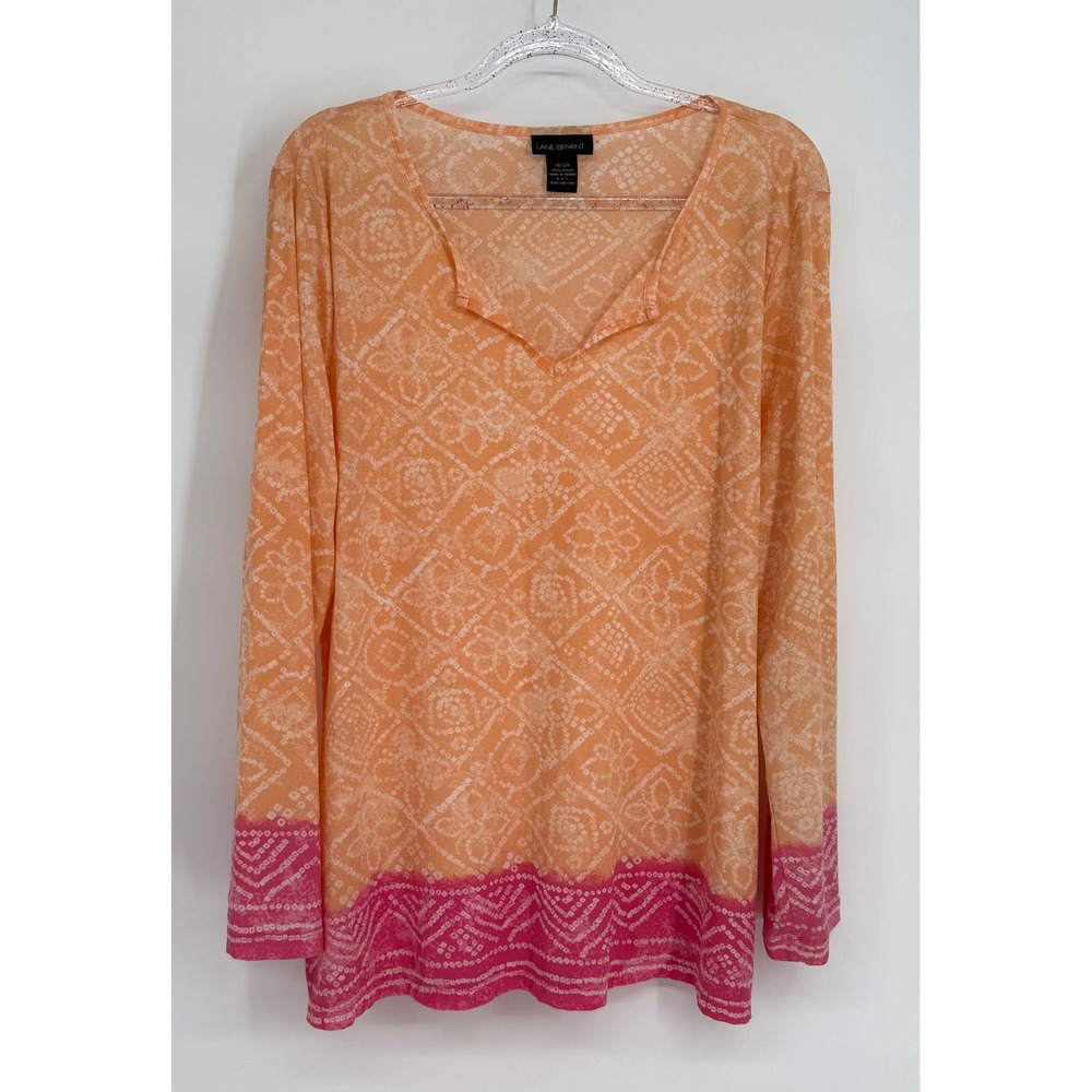 Lane‎ Bryant Orange Pink Geometric Mesh Tunic Top Plus Sz 18/20 Long Sleeve Boho